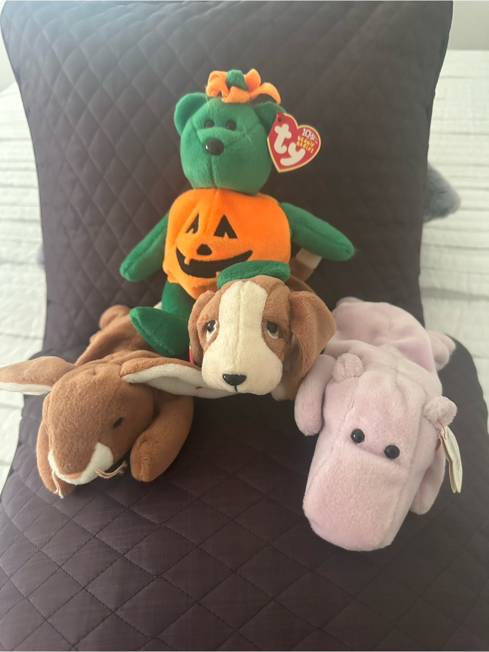 Ty Green & Orange Halloween Pumpkin Bear with Three Plush Friends